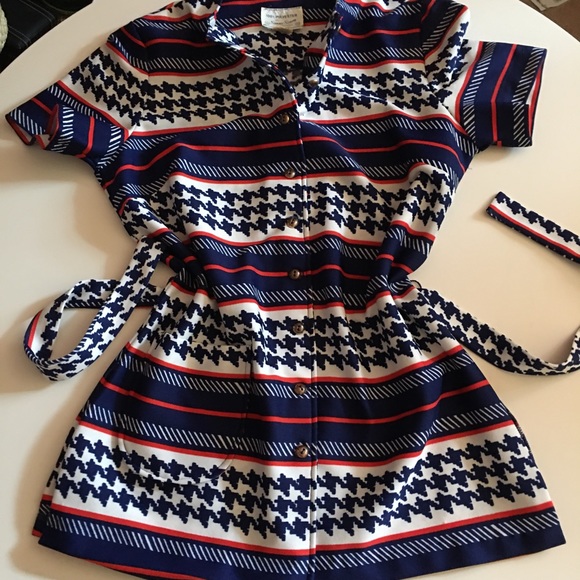 VTG 60 70 MOD Tie Waist Top Red Blue Stripes - Picture 2 of 16